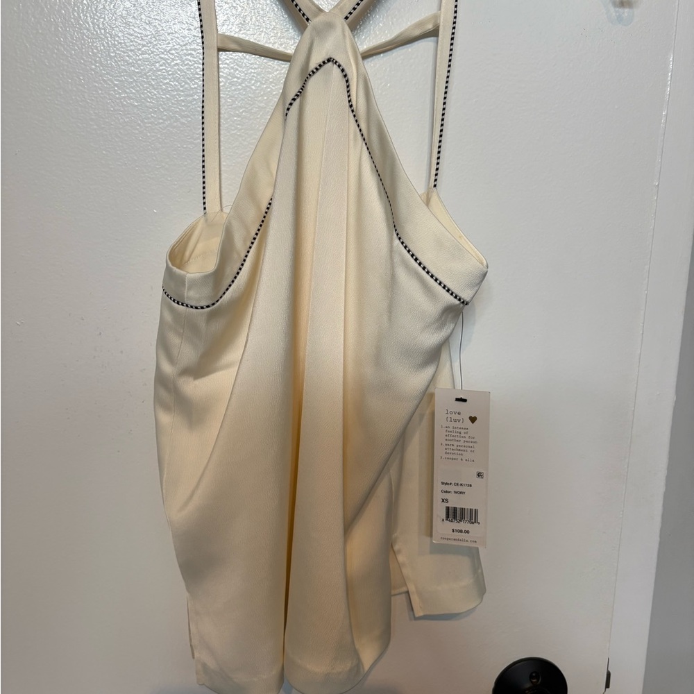 cooper & ella Ivory Halter Tank Top with Black Stitching